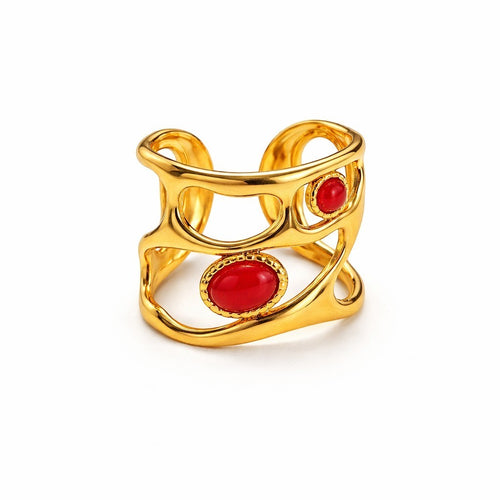 Lyza Jewels, LLC gold stainless steel adjustable ring with two red enamel oval stones and hollow design.