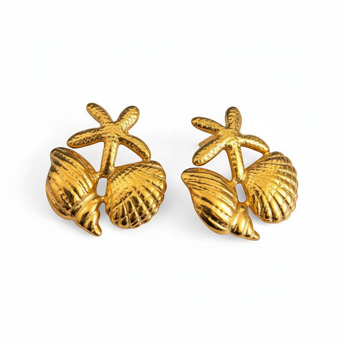Lyza Jewels, LLC gold-tone stainless steel earrings featuring a starfish, scallop shell, and conch cluster. Water-resistant and tarnish-free.