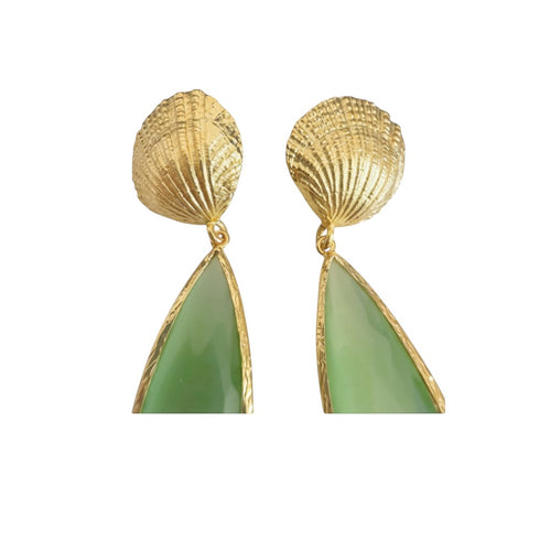Lyza Jewels, LLC gold-plated brass drop earrings with textured shell tops and green jade-like teardrop pendants.