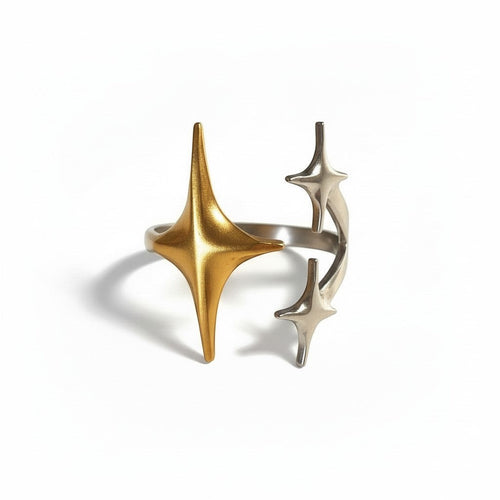 Lyza Jewels, LLC 18K gold and silver stainless steel adjustable starburst ring. Water-resistant and tarnish-free.