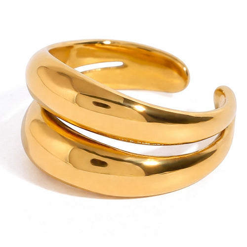Lyza Jewels, LLC 18k gold stainless steel adjustable double wave ring with flowing, undulating layers.