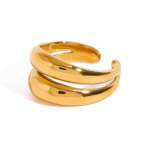 Lyza Jewels, LLC 18k gold stainless steel adjustable double wave ring with flowing, undulating layers.