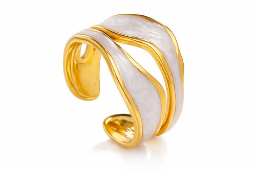 Lyza Jewels, LLC gold stainless steel wavy enamel ring with white swirl pattern, adjustable open design.