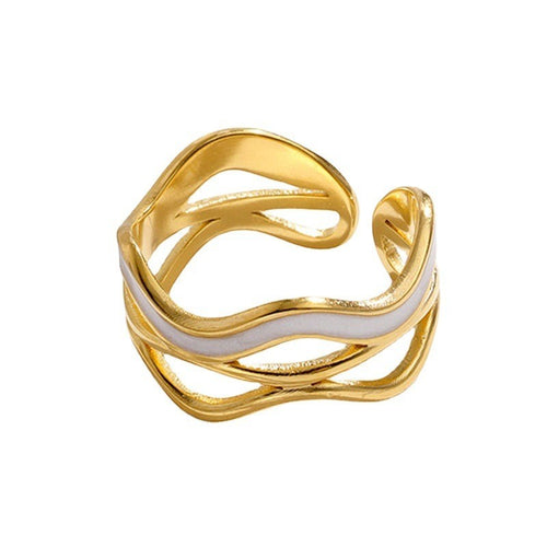 Lyza Jewels, LLC 18k gold plated stainless steel adjustable ring with white enamel inlay and irregular wavy design.
