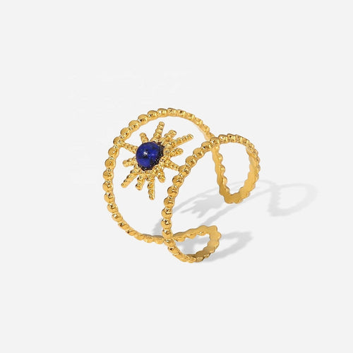 Lyza Jewels, LLC gold stainless steel adjustable ring with blue lapis lazuli eight-fold star sunburst design.