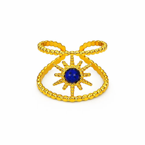 Lyza Jewels, LLC 18k gold stainless steel adjustable ring with a sunburst design and blue lapis lazuli center stone.