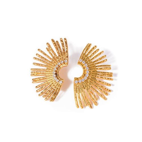 Lyza Jewels, LLC 18k gold stainless steel sunburst earrings with clear crystal accents. Textured rays radiate outwards.