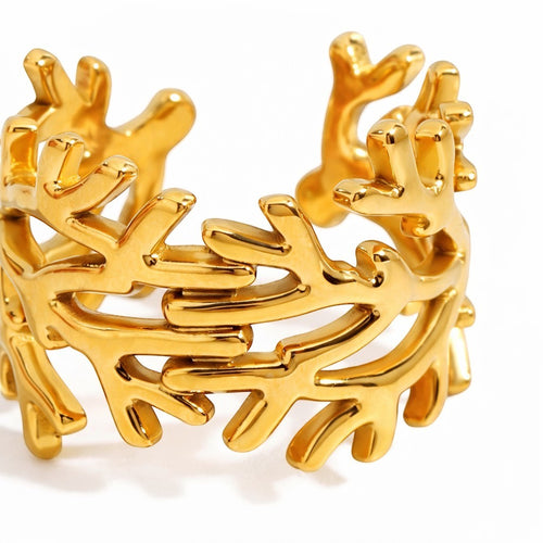 Lyza Jewels, LLC 18k gold stainless steel adjustable tree branch ring with organic detailing.