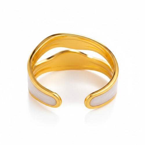 Lyza Jewels, LLC 18k gold stainless steel wavy ring with white enamel detail. Adjustable open design.