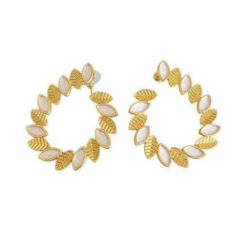 Lyza Jewels, LLC elegant gold plated brass wreath earrings with white stone accents and leaf detailing.
