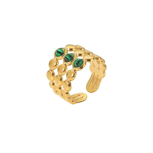 Lyza Jewels, LLC 18k gold plated stainless steel adjustable ring with three green malachite stones in a layered design.