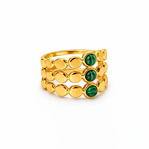 Lyza Jewels, LLC 18k gold plated stainless steel adjustable 3-layer ring with green malachite.
