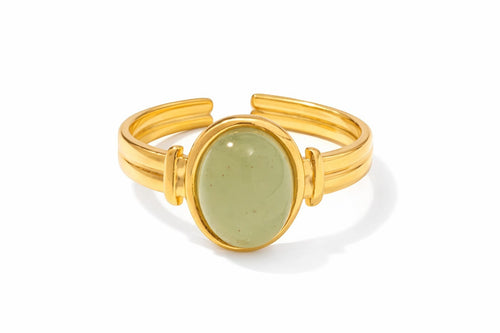 Lyza Jewels, LLC 18k gold stainless steel adjustable ring with oval light green natural stone.