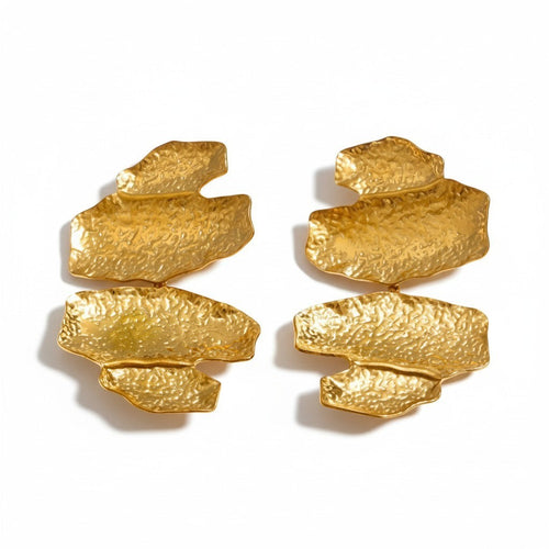 Lyza Jewels, LLC 18K gold hammered stainless steel statement earrings with tiered, molten metal design.