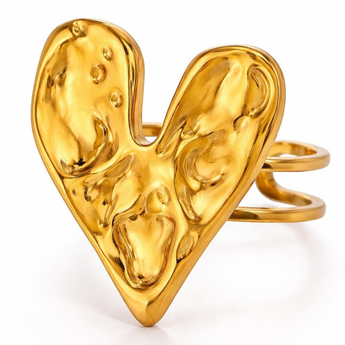 Lyza Jewels, LLC adjustable hammered heart ring in gold-tone stainless steel with a textured finish.