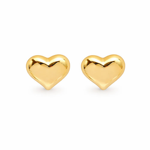 Lyza Jewels, LLC 18k gold plated stainless steel heart stud earrings, hypoallergenic and tarnish-resistant.