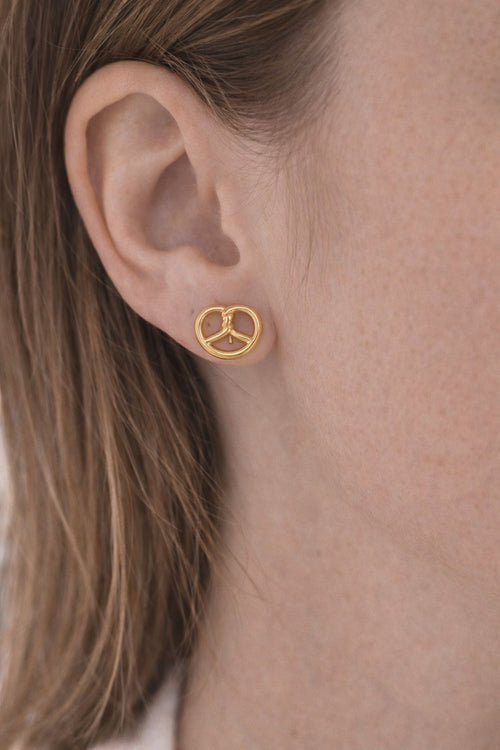 Lyza Jewels, LLC gold-tone stainless steel pretzel stud earrings. Hypoallergenic and water-resistant.