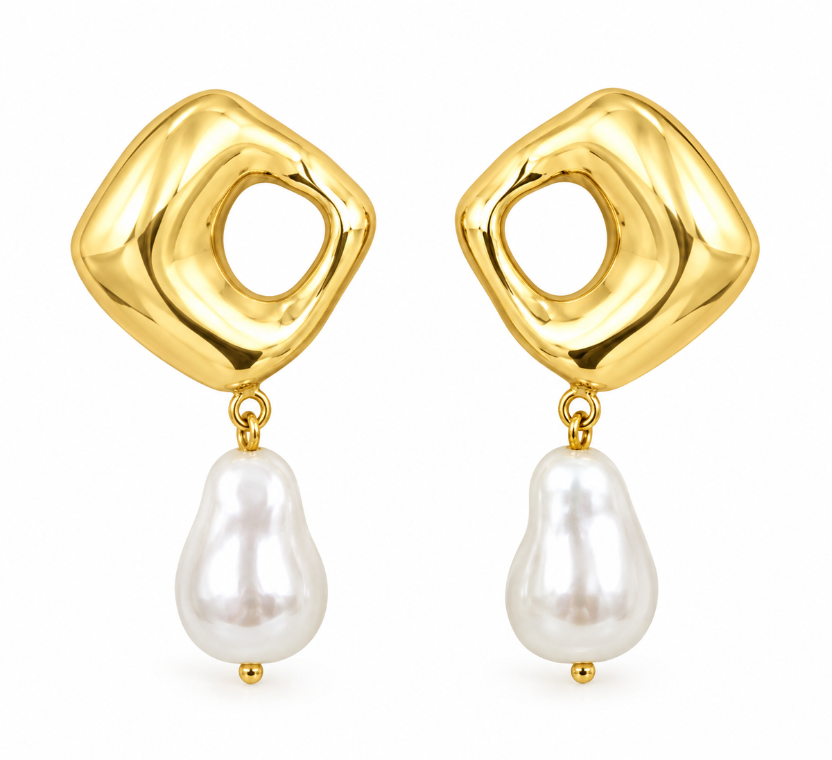 Lyza Jewels, LLC sculptural gold earrings with a polished geometric frame and a dangling luminous white pearl drop.