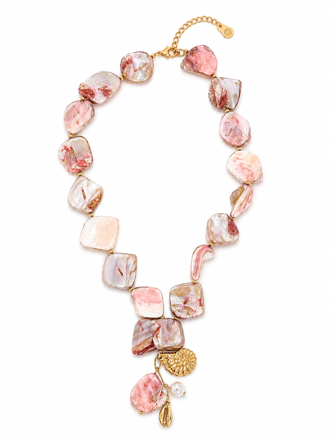 Lyza Jewels, LLC statement necklace featuring marbled blush pink and cream shell beads with gold-toned charm cluster.