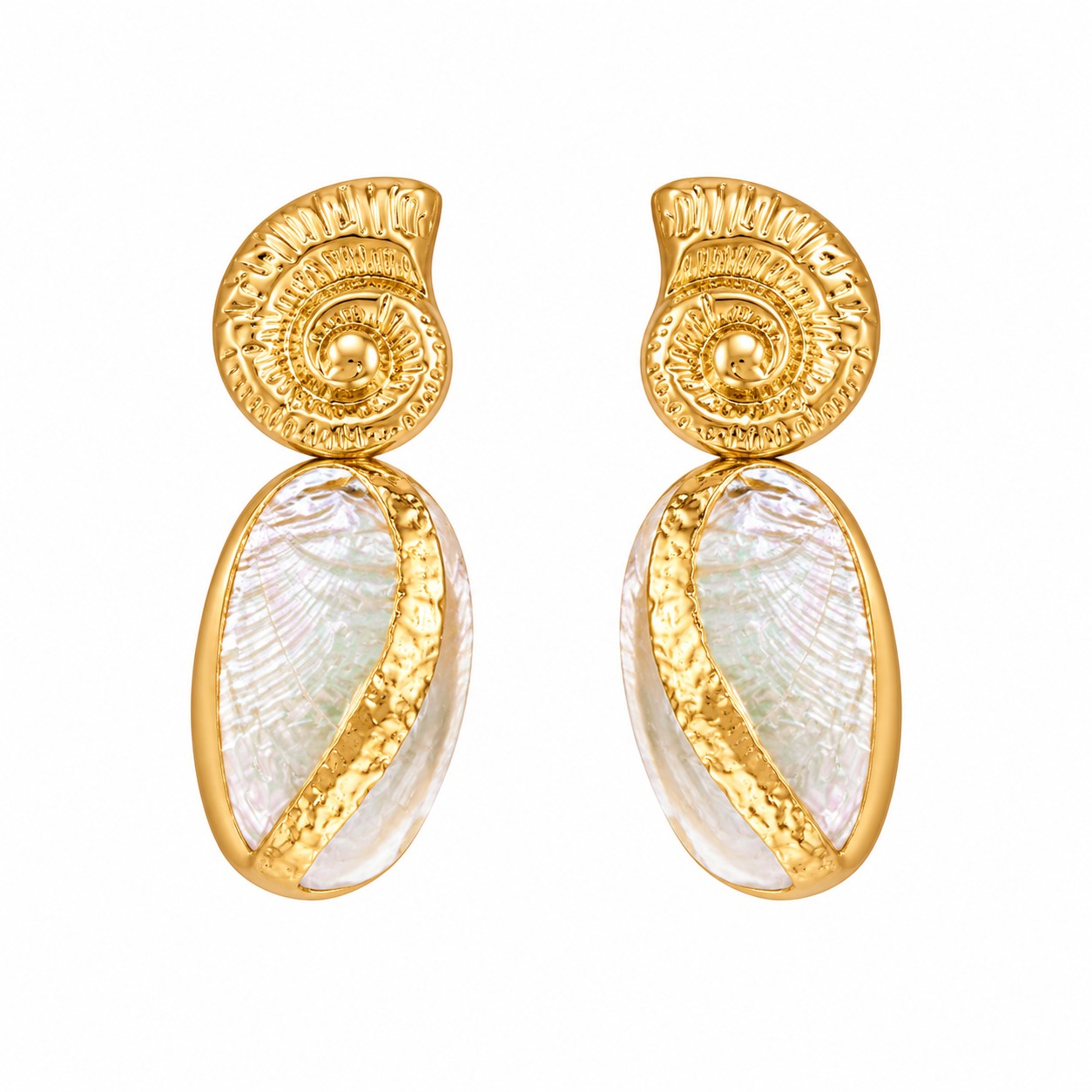 Lyza Jewels, LLC gold-toned nautilus shell drop earrings with iridescent mother-of-pearl inlay on a white background.