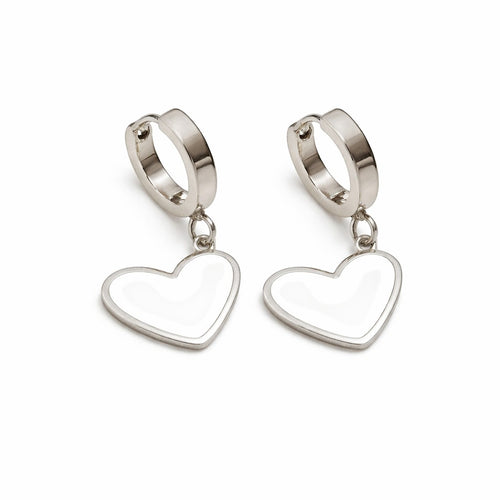 Lyza Jewels, LLC silver stainless steel huggie hoop earrings with white enamel heart charms. Water-resistant and tarnish-free.
