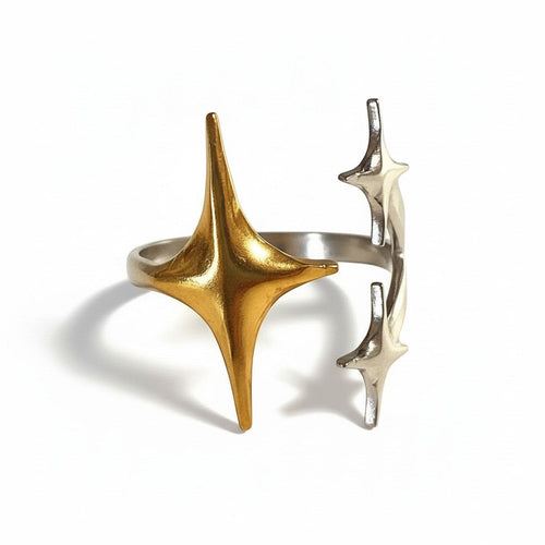 Lyza Jewels, LLC adjustable ring with gold and silver starbursts on a white background. Water-resistant stainless steel.