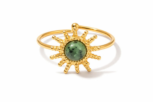 Lyza Jewels, LLC 18k gold plated stainless steel adjustable sun ring with green stone center.