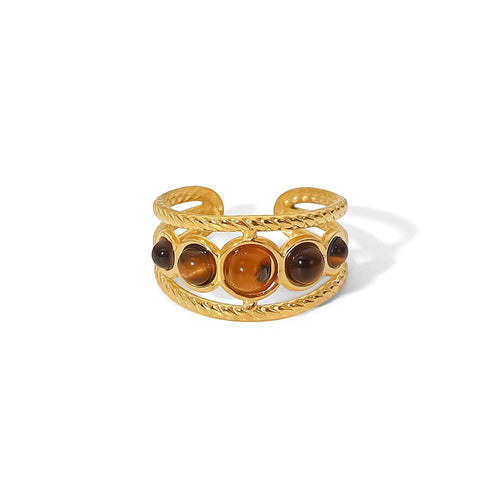 Lyza Jewels, LLC 18k gold stainless steel adjustable ring with five tiger eye gemstones in a multi-stone design.
