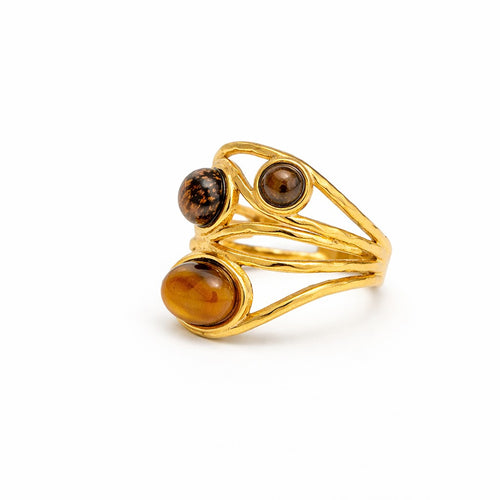 Lyza Jewels, LLC adjustable triple stone ring in 18k gold-plated stainless steel with tiger's eye gemstones.