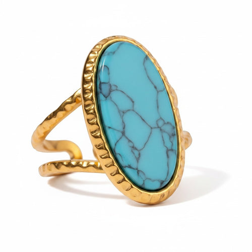 Lyza Jewels, LLC 18k gold plated stainless steel adjustable ring with oval turquoise stone and hammered band.