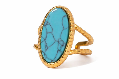 Lyza Jewels, LLC 18k gold plated stainless steel adjustable ring with oval turquoise stone and hammered band.