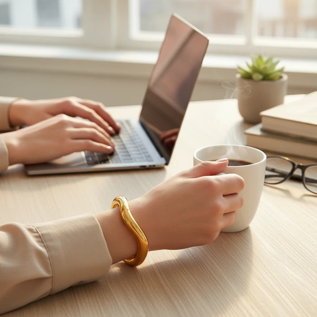 Lyza Jewels, LLC gold-tone wavy sculptural cuff bracelet worn by a woman working at a desk with a laptop and coffee.