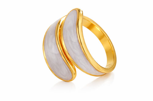 Lyza Jewels, LLC 18k gold plated stainless steel adjustable ring with white wavy enamel inlay.