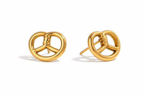 Lyza Jewels, LLC 18k gold plated stainless steel pretzel stud earrings. Hypoallergenic and tarnish-resistant.
